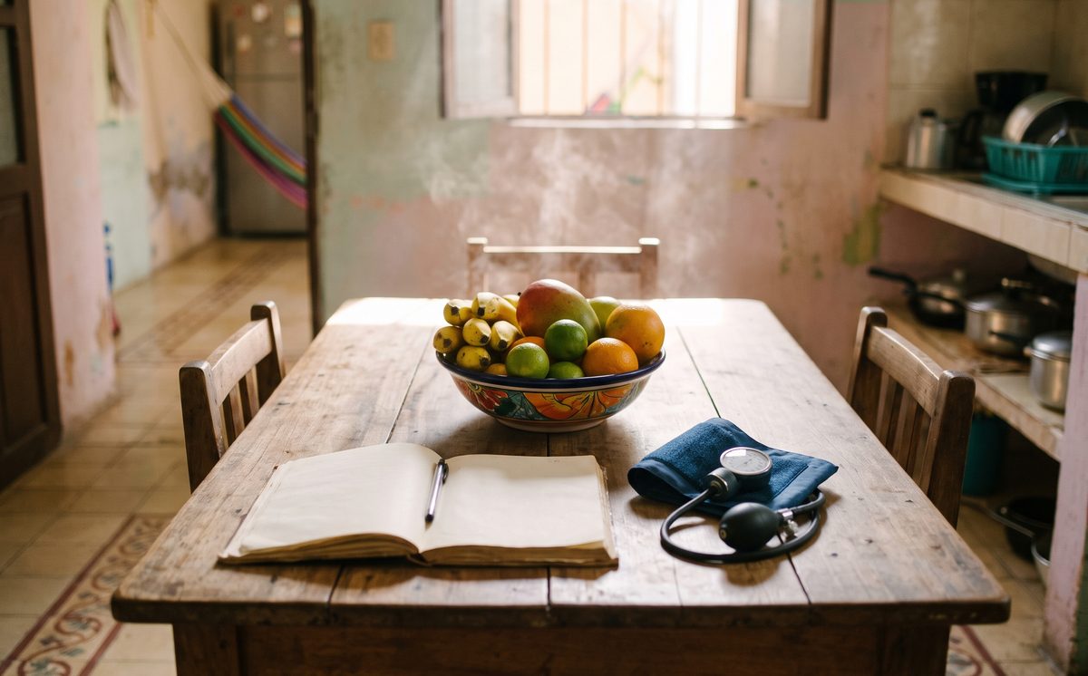 Mesa de trabajo con tablas impresas, una libreta y fruta fresca en una cocina de Mérida (imagen ilustrativa)